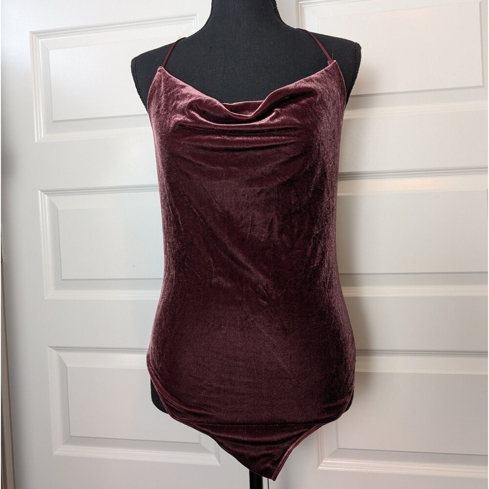 Abercrombie & Fitch Size L Burgundy Wine Velvet Drape Cowl Neck Stretch Bodysuit - Picture 2 of 12